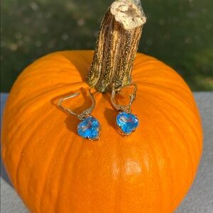 14K Gold Blue Topaz Heart Shaped Dangle Earrings